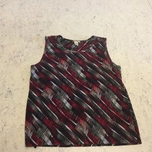 Le Pleat Red, Tan, Black Patterned Sleeveless Top Size M Stretchy Career Work